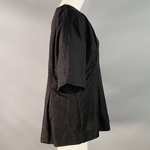 TOTEME Size M Black Cotton Linen Short Sleeve Pleated Blouse