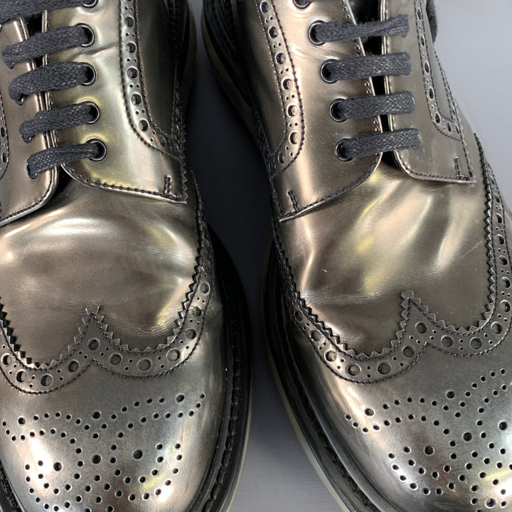 PRADA Size 9 Silver Metallic Perforated Leather Wingtip Lace-Up Shoes