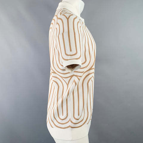 REISS Size M Maycross White Tan Abstract Viscose Blend Zip Up Polo