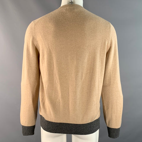 BRUNELLO CUCINELLI Size M Khaki Grey Color Block Cashmere V-Neck Pullover