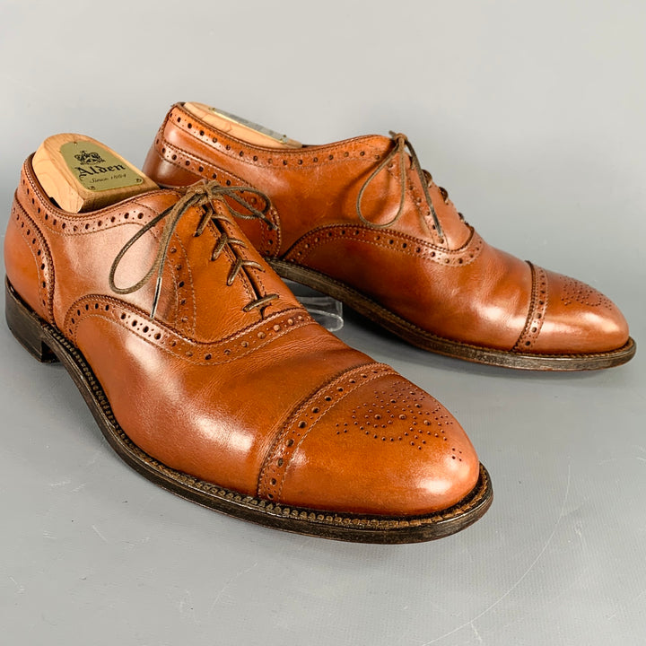 ALDEN Size 10 Brown Cognac Perforated Leather Cap Toe Lace-Up Shoes