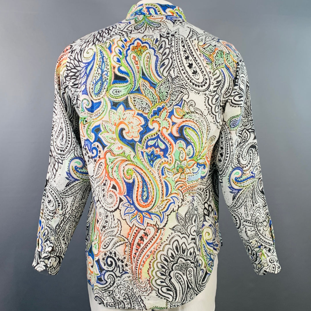 ETRO Size L White Abstract Floral Linen Cutaway Long Sleeve Shirt