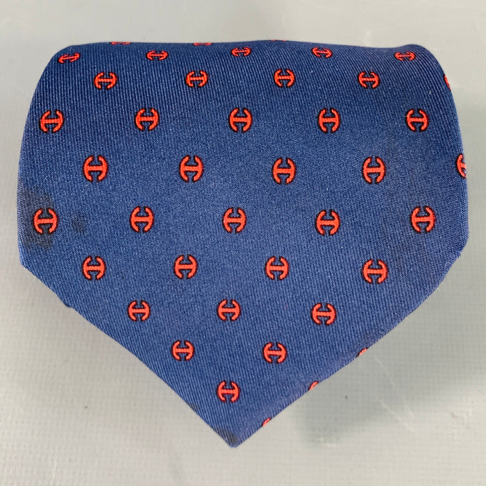 HERMES Navy Red Monogram Silk Tie