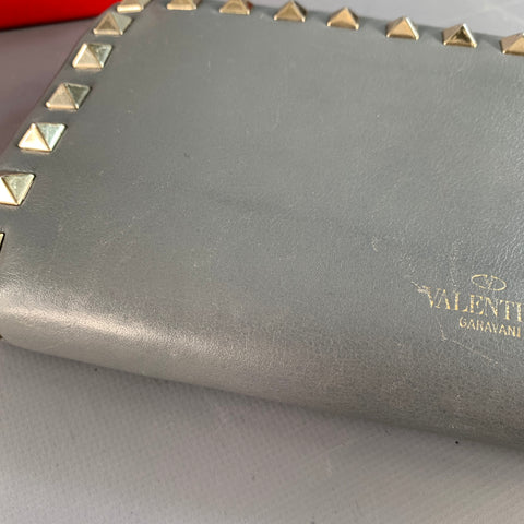 VALENTINO Rockstud Grey Gold Studded Leather Checkbook Wallet