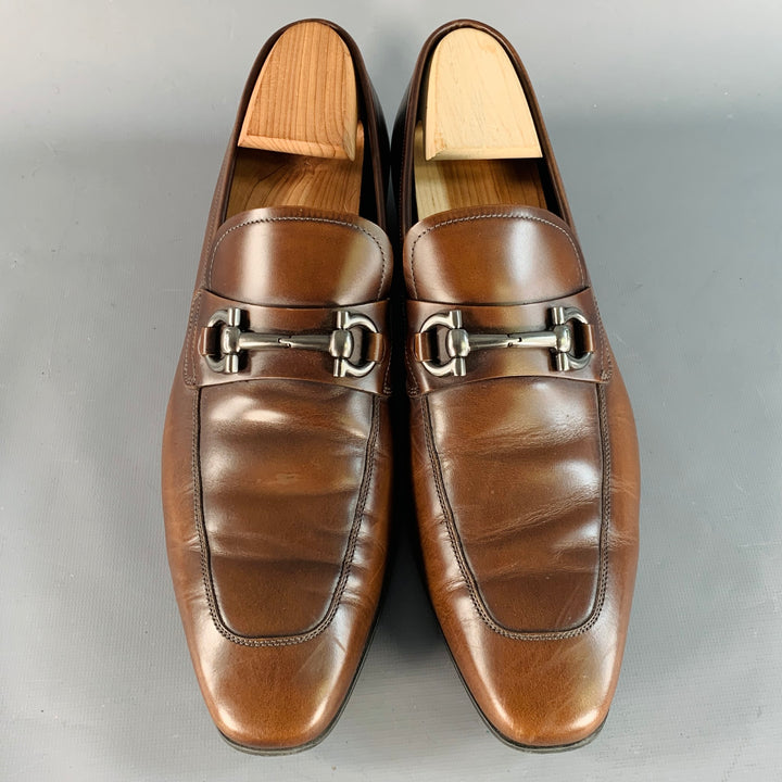 SALVATORE FERRAGAMO Size 10.5 Giant Brown Silver Leather Horsebit Loafers