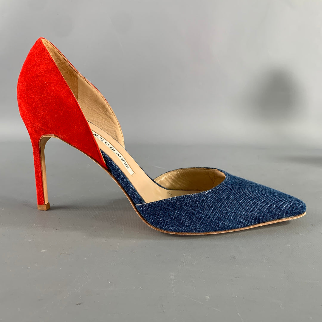 MANOLO BLAHNIK Size 9.5 Blue Red Suede Two Tone Suede Pointed Toe Pumps