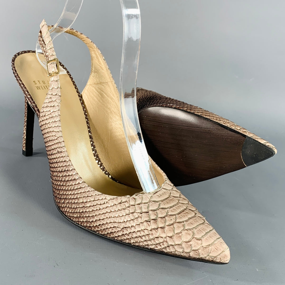 STUART WEITZMAN Size 9.5 Daisy Grey Gold Textured Snakeskin Effect Leather Slingback Pumps