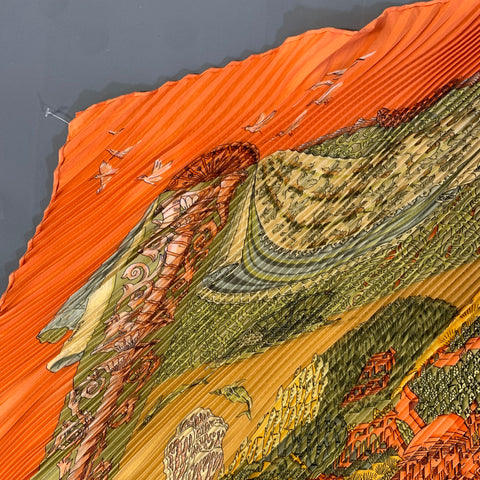HERMES Orange Green Pleated Silk Scarves