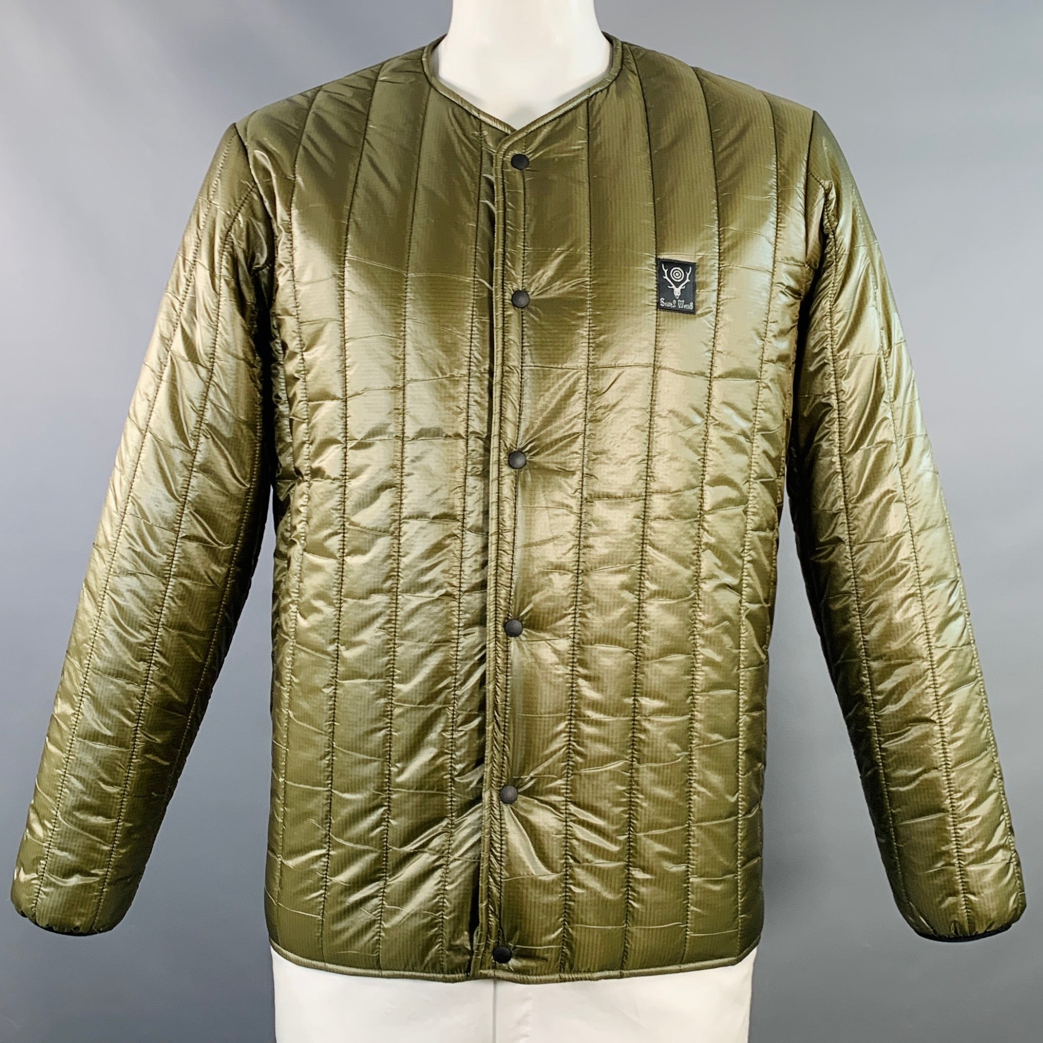 SOUTH 2 WEST 8 Size L Green Quilted Nylon Collarless Puffer