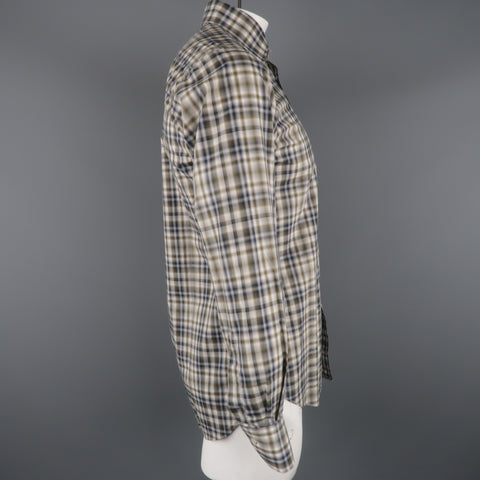 ETRO Taille S Chemise à manches longues boutonnée à carreaux olive et bleu marine 