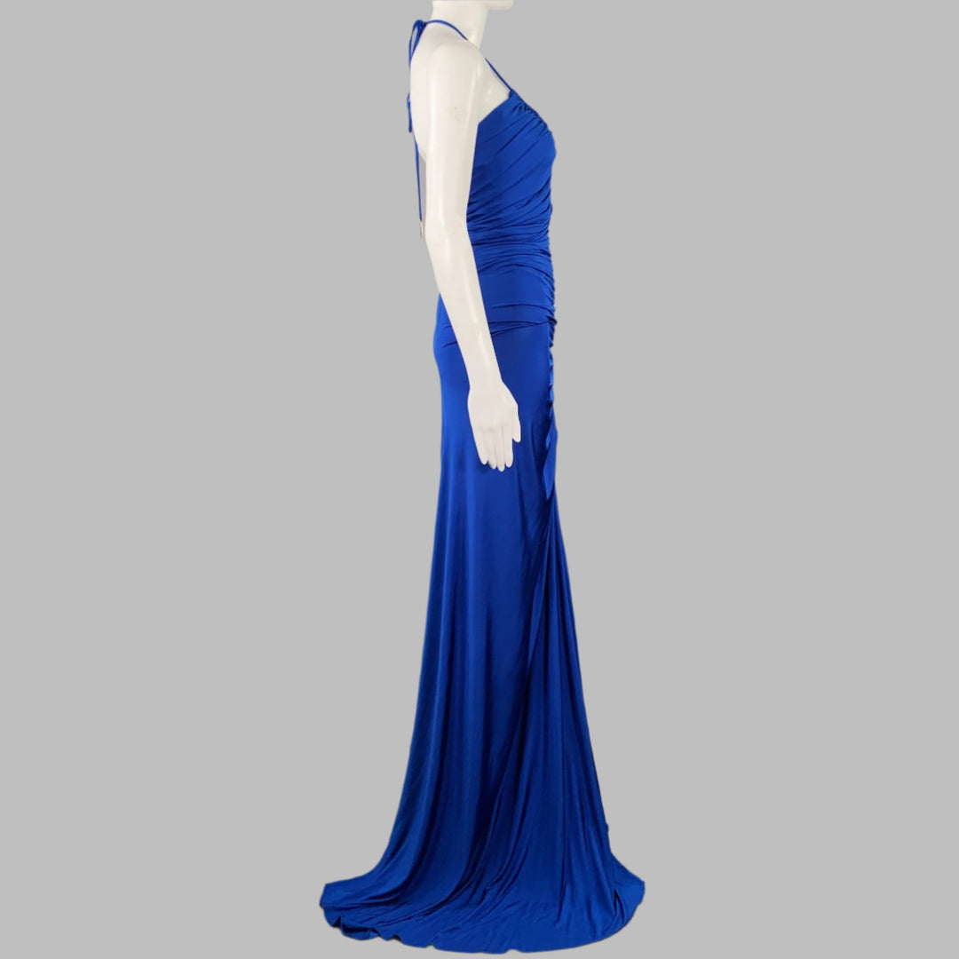 HALSTON Size 0 Blue Cobalt Ruched Halter Long Evening Gown