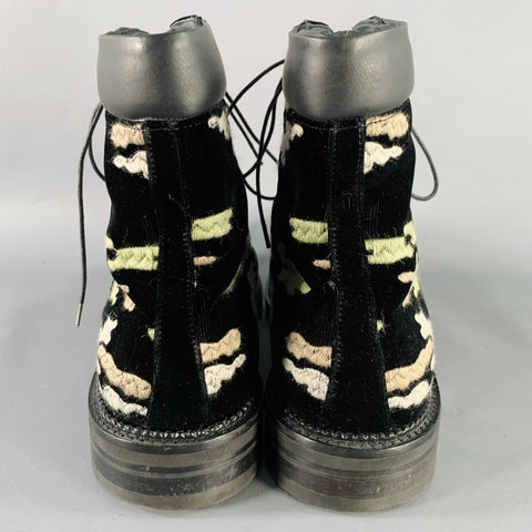 EMPORIO ARMANI Size 10 Black Green Grey Camouflage Embroidery Velvet Lace-Up Boots