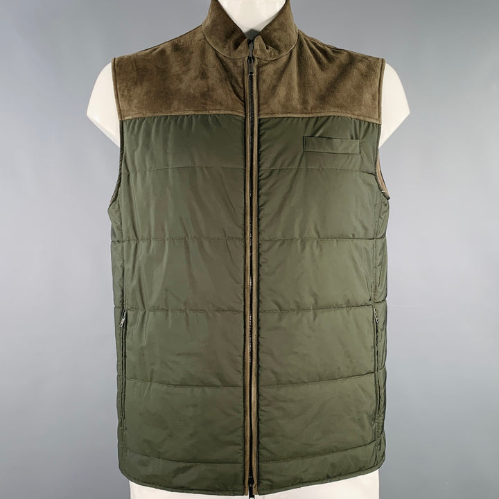 LUCIANO BARBERA Size 46 Green Olive Two Toned Polyester Suede Quilted Vest