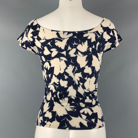 HEIDI WEISEL Size M Cream Navy Cashmere Abstract floral Cap Sleeves Casual Top