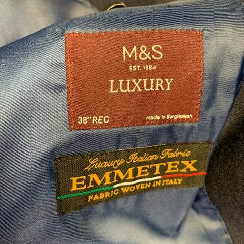 M & S LUXURY Size 38 Navy Twill Wool Blend Notch Lapel Sport Coat