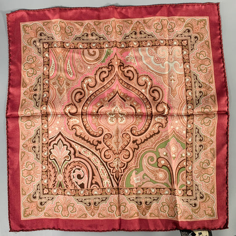ETRO Burgundy Olive Paisley Silk Pocket Square