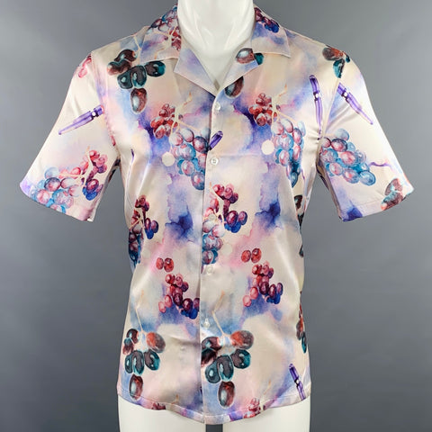 NAHMIAS Size S Grape Swishers Purple Beige Print Silk Blend Short Sleeve Shirt