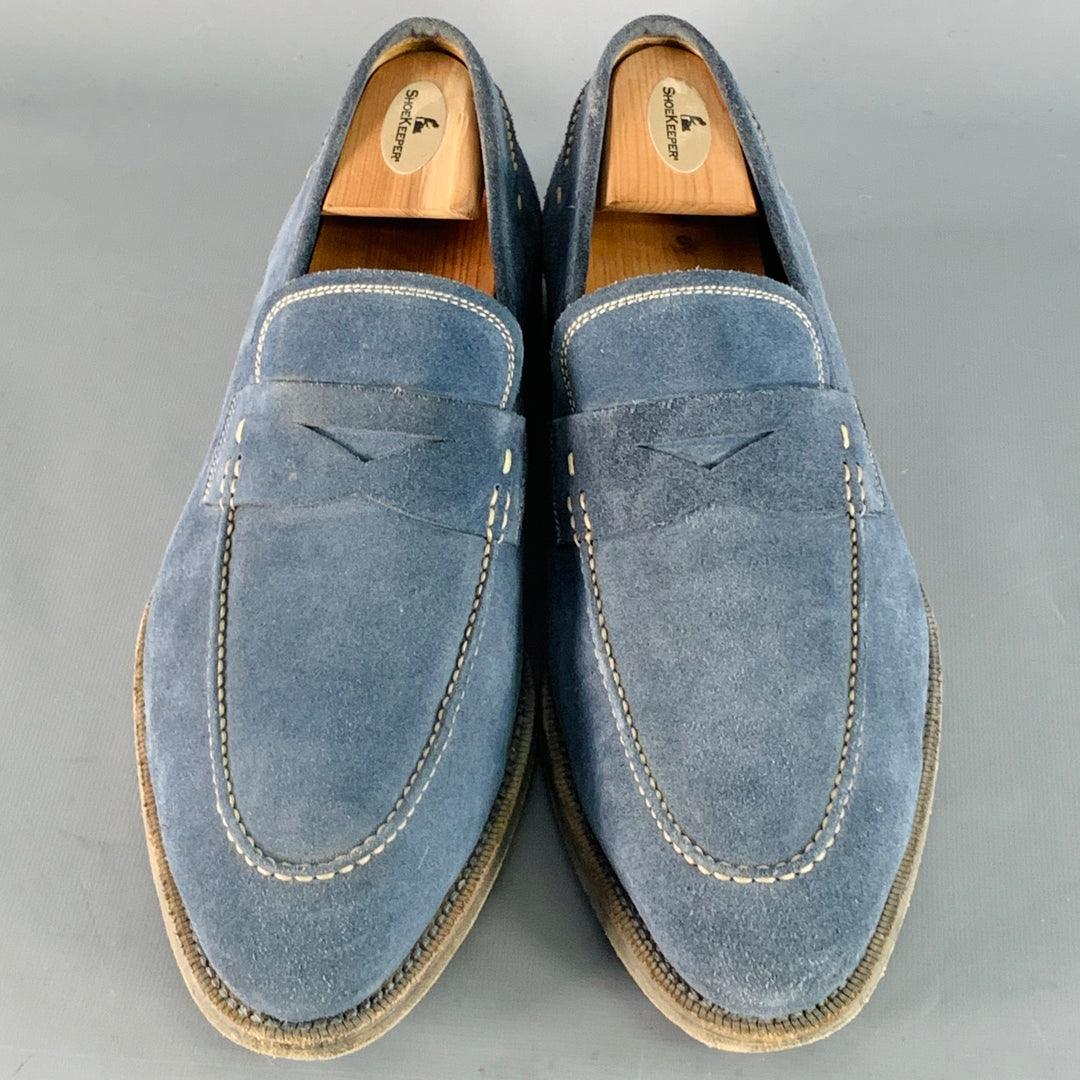 MAGNANNI Size 11 Blue Grey Contrast Stitch Suede Penny Loafers
