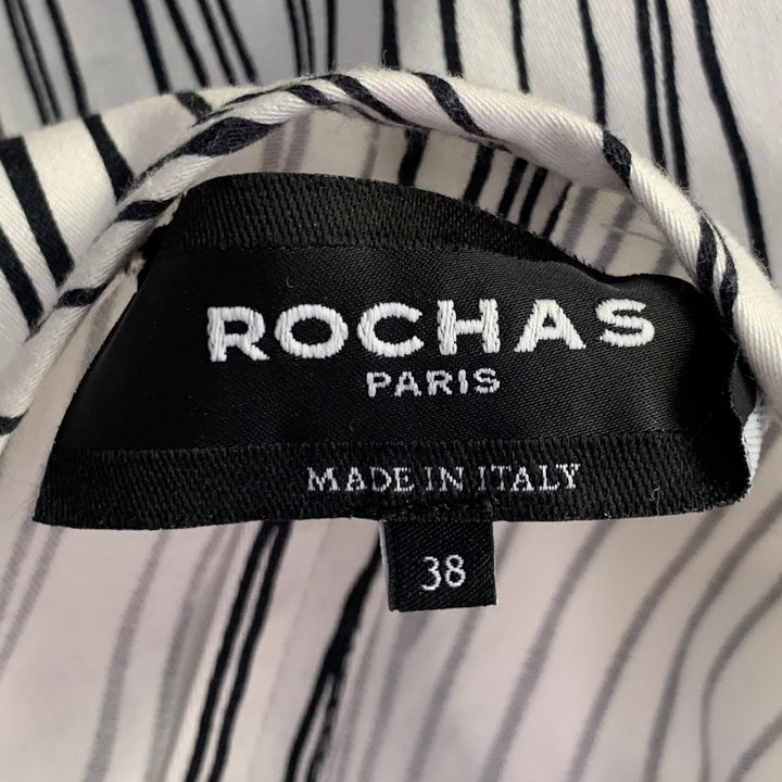 ROCHAS Size 2 Black White Cotton Stripe Button Trim A-Line Dress