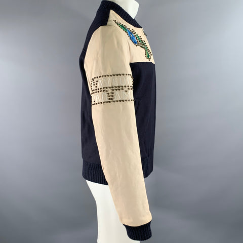 GUCCI Size 40 Navy Beige Studded Wool Zip Up Bomber Jacket