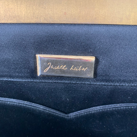 JUDITH LEIBER Black Gold Silk Rhinestones Clutch Handbag