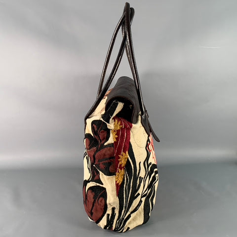 DRIES VAN NOTEN Brown Cream Red Embroidered Leather Tote Handbag