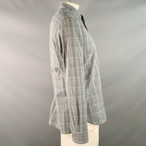 JOHN VARVATOS * U.S.A. Size L Blue Brown White Plaid Cotton Button Down Collar Roll Tab Long Sleeve Shirt