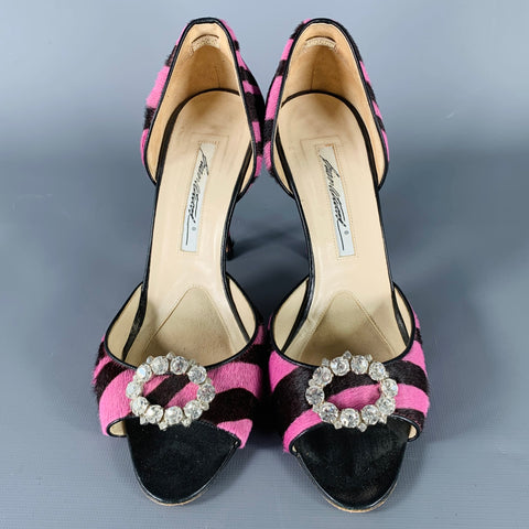 BRIAN ATWOOD Size 7.5 Pink Brown Stripe Calf Hair Peep Toe Heels Pumps
