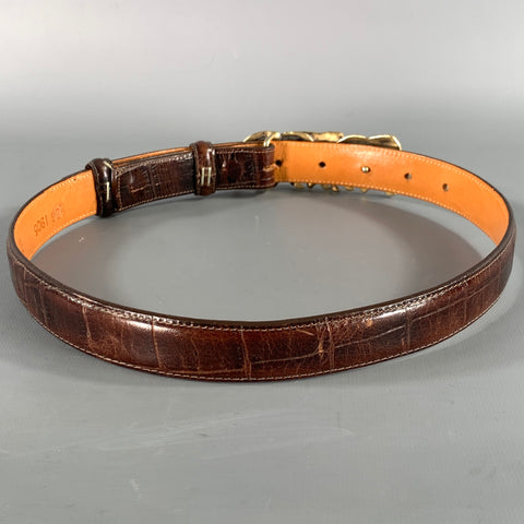 WATHNE Waist Size 24 Brown Gold Alligator Embossed Leather Belt