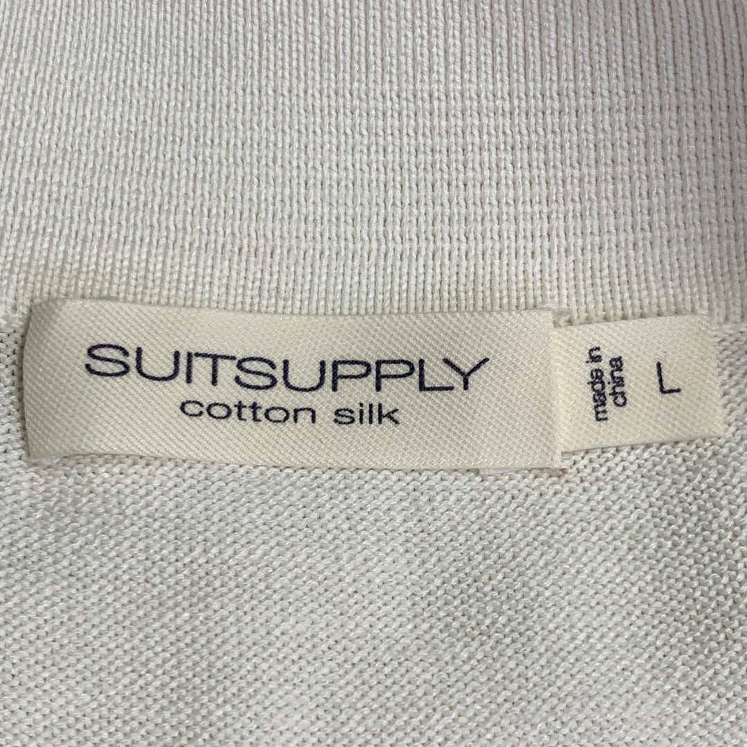 SUITSUPPLY Size L White Cotton Silk Short Sleeve Half Placket Polo