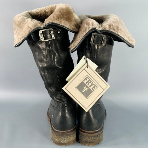FRYE Size 7 Valerie Black Leather Foldover Shearling Pull On Boots