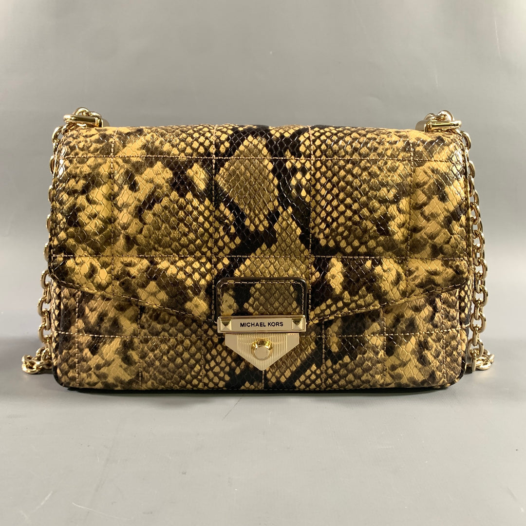 MICHAEL KORS Brown Yellow Animal Print Leather Handbag