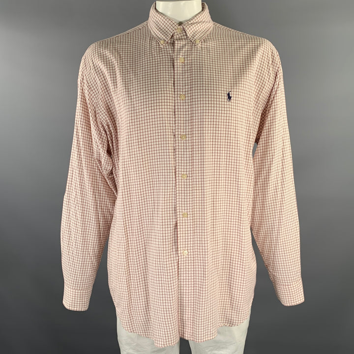 RALPH LAUREN Size XL Cream Burgundy Window Pane Cotton Long Sleeve Shirt