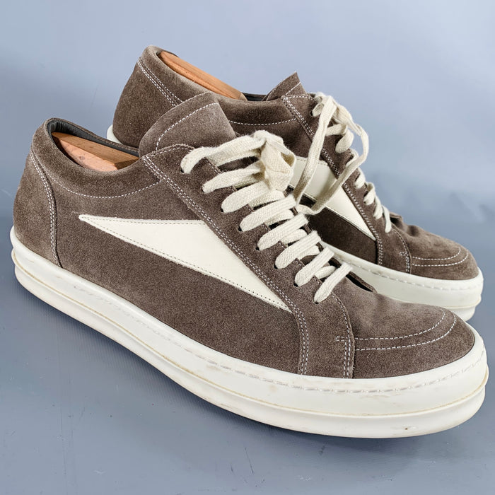 RICK OWENS Size 10 Grey Cream Leather Lace-Up Sneakers