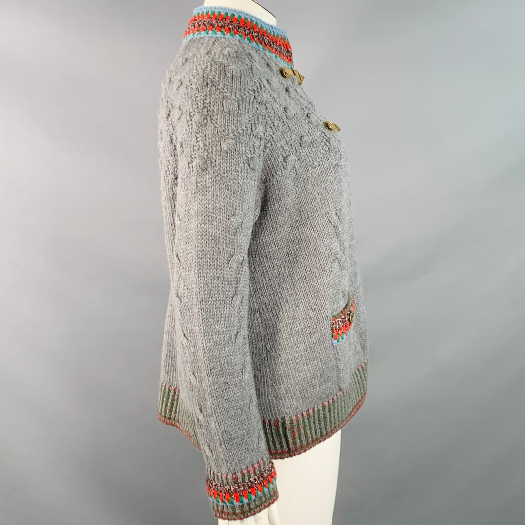 CHANEL Pre-Fall 2015 Size 12 Grey Multi Color Wool Cable Knit Bobble Leather Trim Jacket