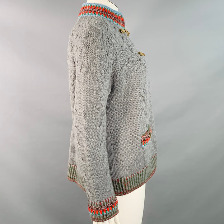 CHANEL Pre-Fall 2015 Size 12 Grey Multi Color Wool Cable Knit Bobble Leather Trim Jacket