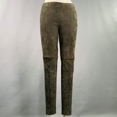 AKRIS Size 12 Green Lamb Suede Side Zipper Dress Pants