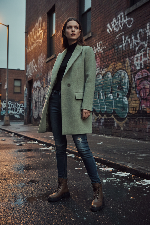 THE ROW Size XS Green Sage Wool Polyamide Twill Double Breasted Coat
