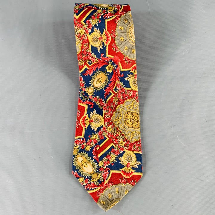 KARL LAGERFELD Red Blue Gold Baroque Floral Silk Tie
