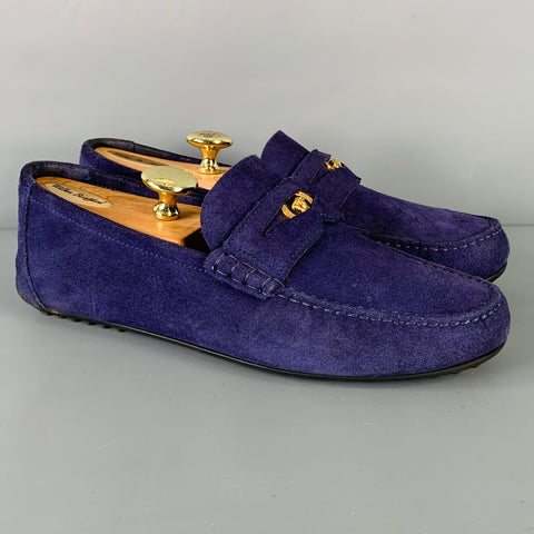 VERSACE Size 8 -Bluette Oro- Purple Textured Suede Drivers Loafers