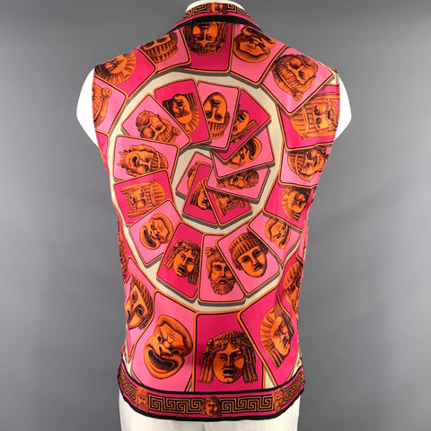 VERSACE SS2023 Size L Pink Orange Heads Silk Sleeveless Short Sleeve Shirt