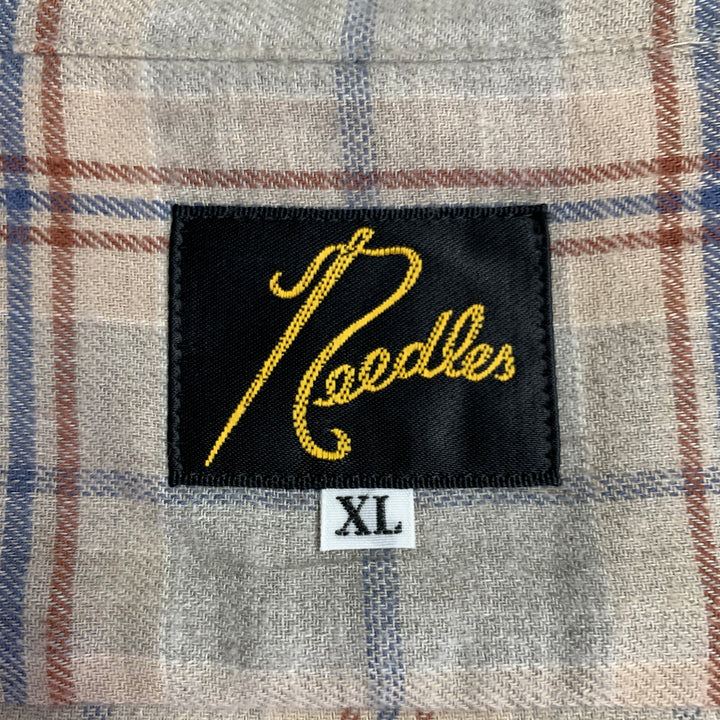 NEEDLES Size XL Grey Navy Brown Plaid Wool Nehru Collar Long Sleeve Shirt