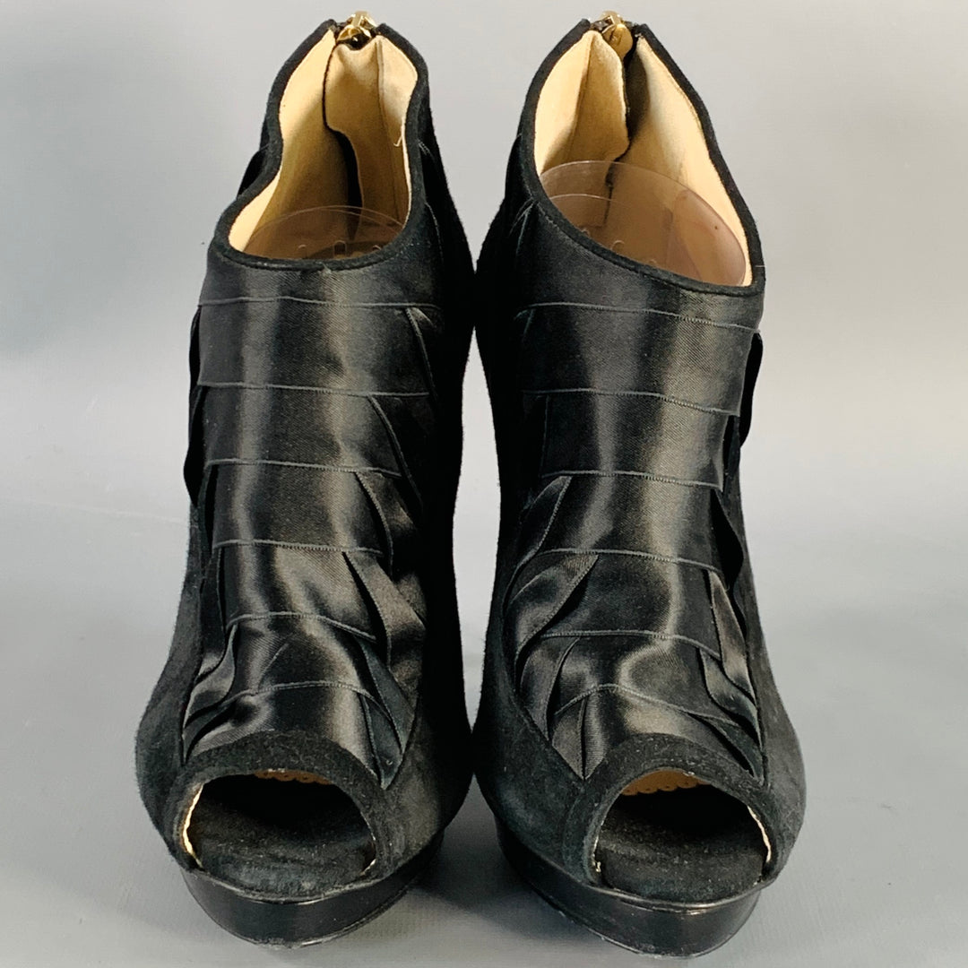 OSCAR DE LA RENTA Vintage Fall 2009 Size 6 Black Suede Satin Woven Stiletto Booties