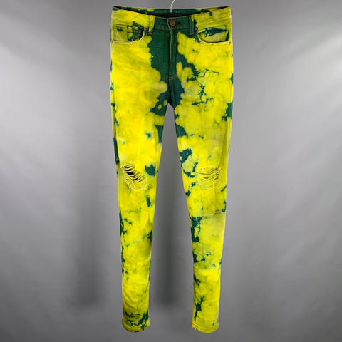 MONFRERE Size 30 Greyson Green Chartreuse Marbled Cotton Blend Distressed Slim Jeans