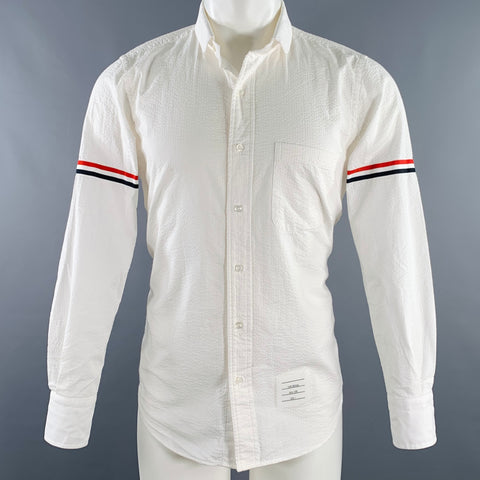 THOM BROWNE Size S White Red Navy Seersucker One Pocket Long Sleeve Shirt
