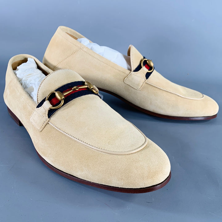 GUCCI Size 12.5 Beige Navy Red Ribbon Trim Suede Loafers