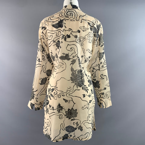 MAX MARA Size 8 Cream Black Cotton Blend Floral Notch Lapel Blouse
