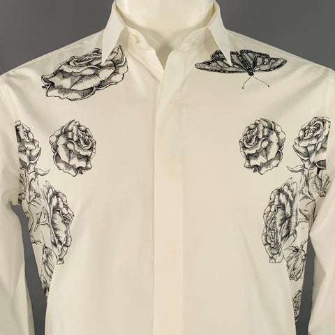 VALENTINO 2021 Size M White Black Floral Cotton Button Up Long Sleeve Shirt