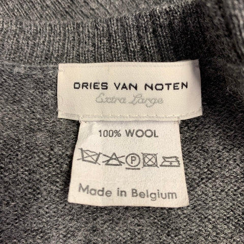 DRIES VAN NOTEN Taille XL Pull col V en laine rayé gris marine crème