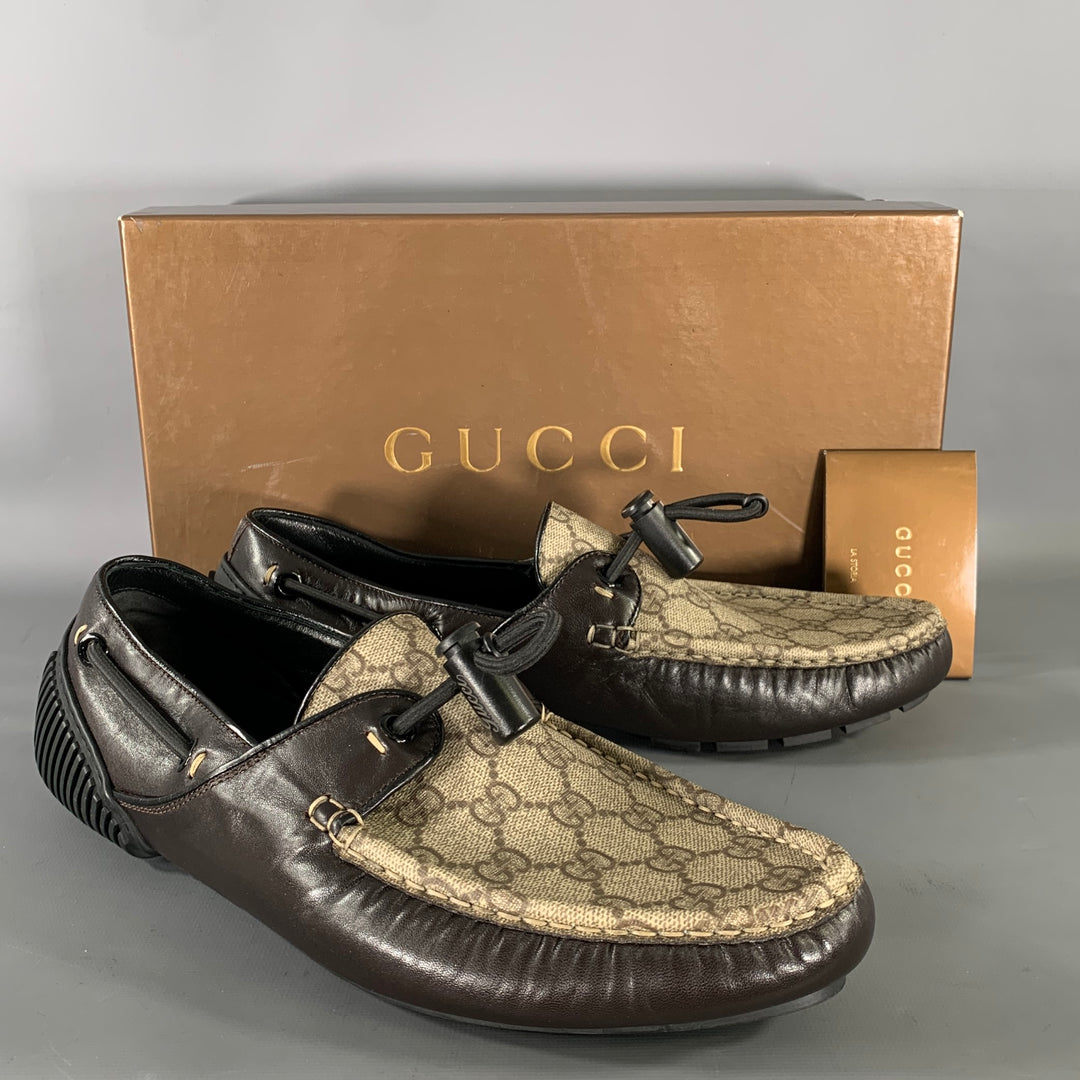 GUCCI Size 9.5 Tan Brown Monogram Leather Drivers Loafers